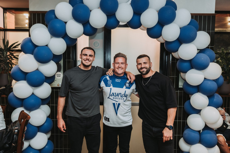 NRL podcaster Josh Mansour (right) with Jacob Kiraz (left) and fan (Pic: Oscar Coleman)